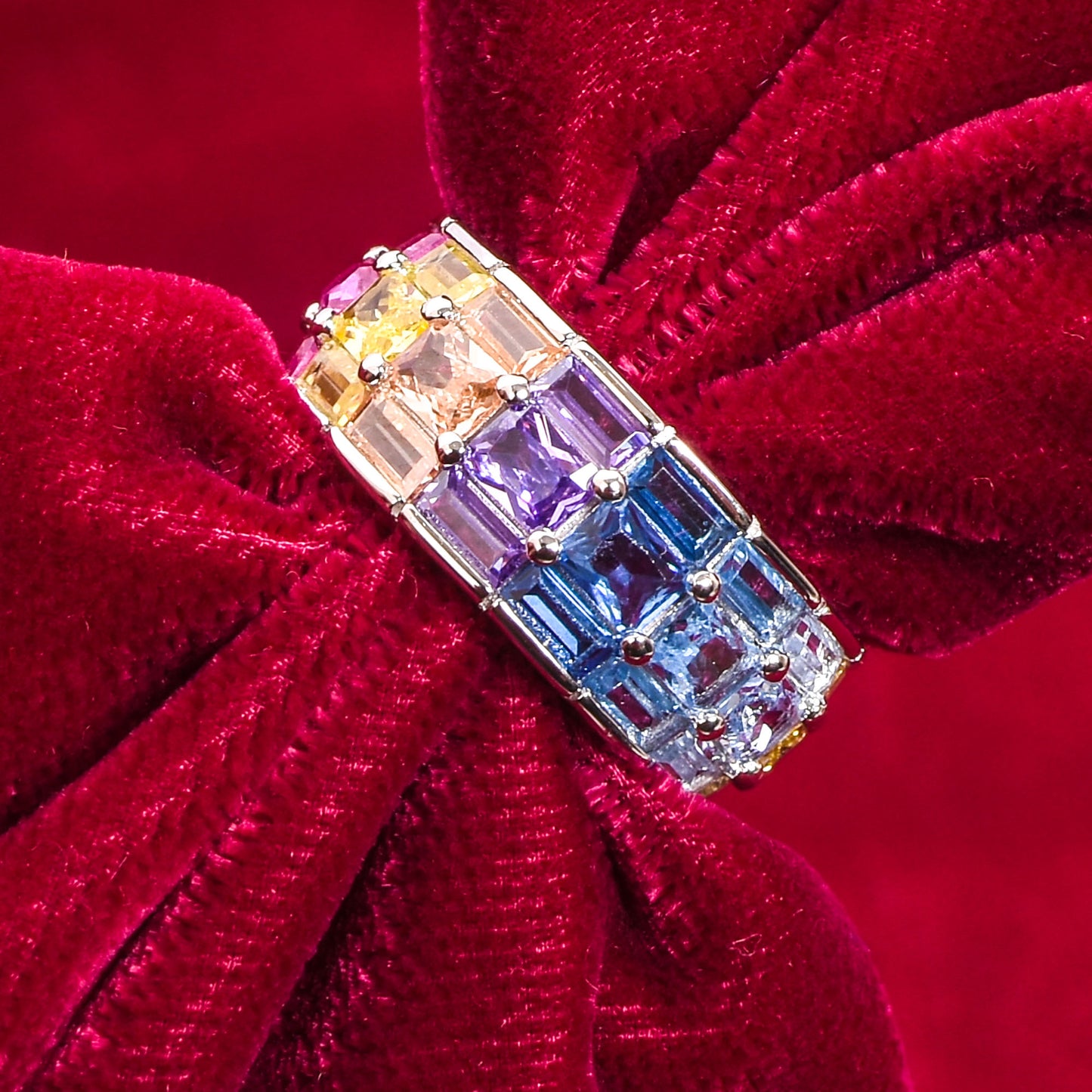 Rainbow Gemstone Band Ring – Vibrant Elegance in Size 11