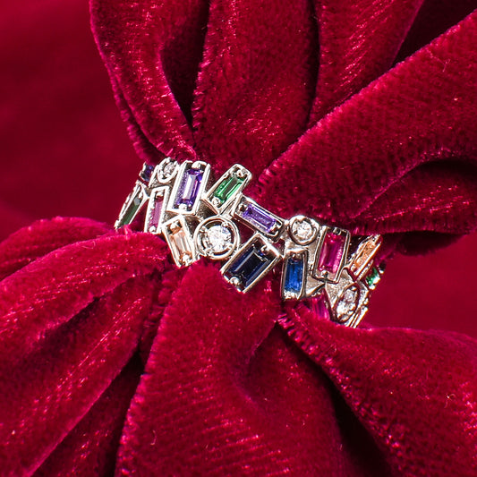 Women’s Silver Ring – Multicolor Gemstone Band with Geometric Cutouts (Size 13)