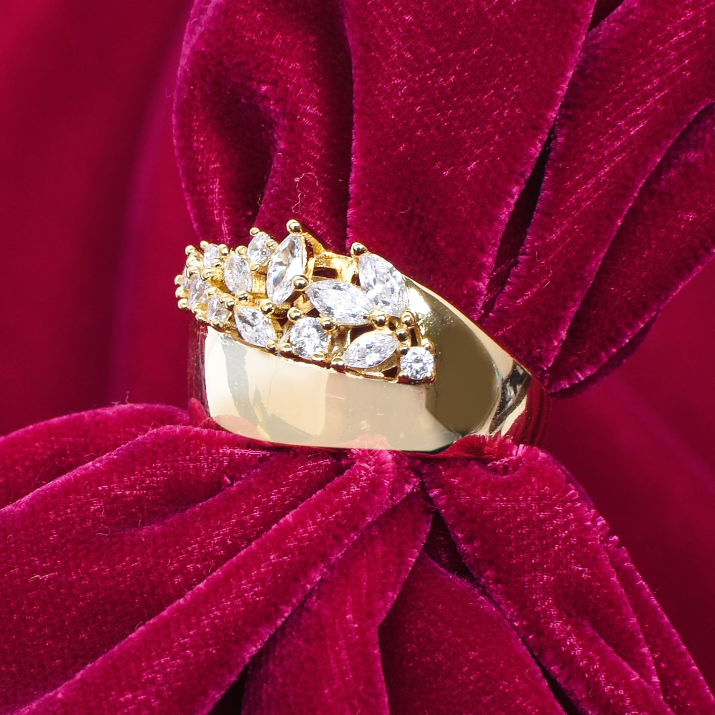 Women’s Silver Ring – Clustered Marquise & Round Gemstones in Gold Finish (Size 22)