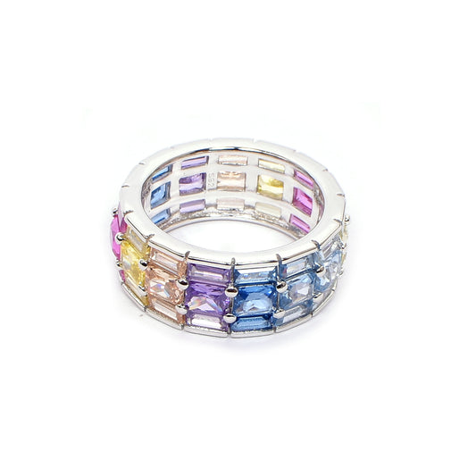 Rainbow Gemstone Band Ring – Vibrant Elegance in Size 11