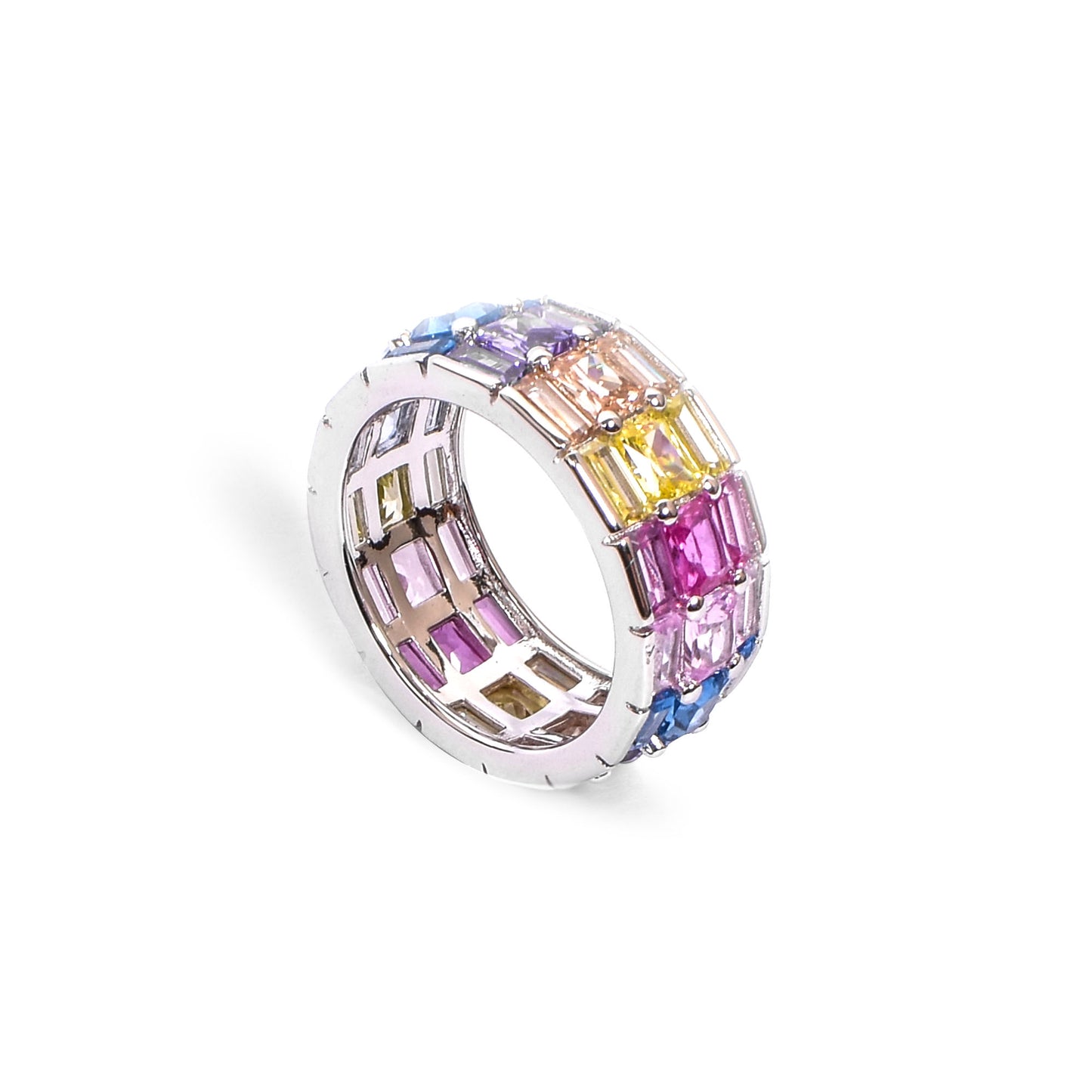 Rainbow Gemstone Band Ring – Vibrant Elegance in Size 11