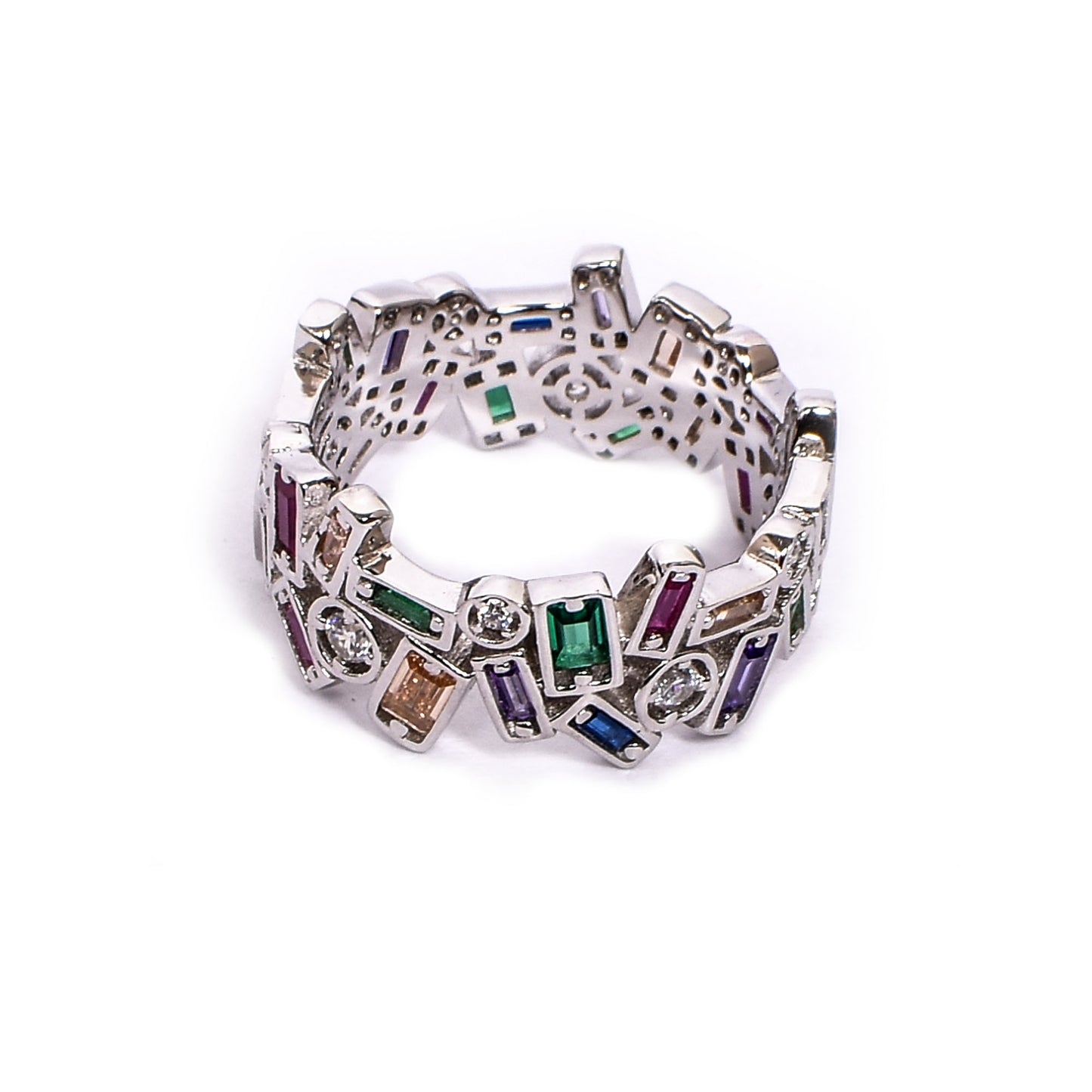 Women’s Silver Ring – Multicolor Gemstone Band with Geometric Cutouts (Size 13)