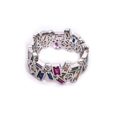 Women’s Silver Ring – Multicolor Gemstone Band with Geometric Cutouts (Size 13)