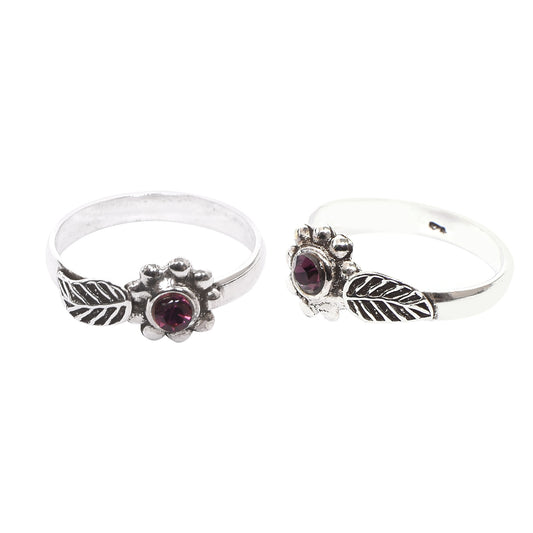 Silver Toe Ring Set – Floral Motif with Ruby Pink Gemstone