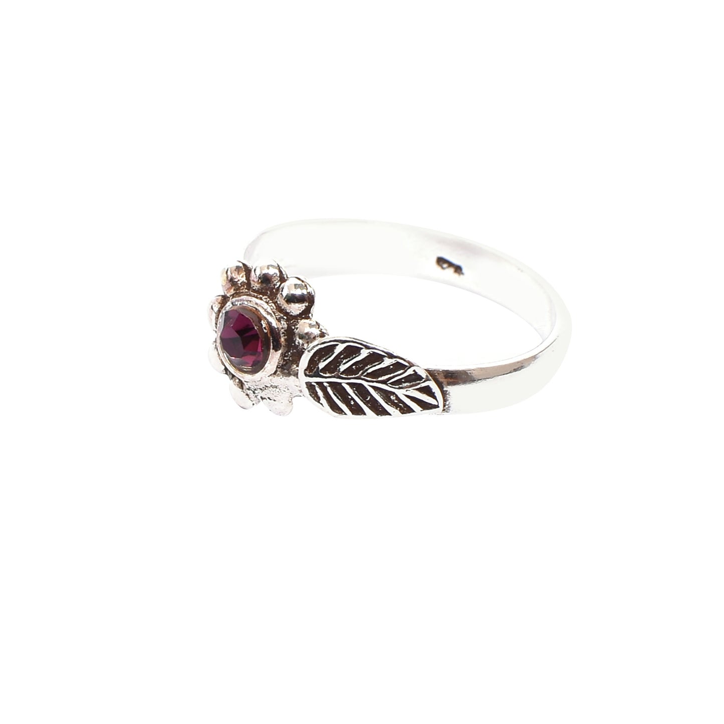 Silver Toe Ring Set – Floral Motif with Ruby Pink Gemstone
