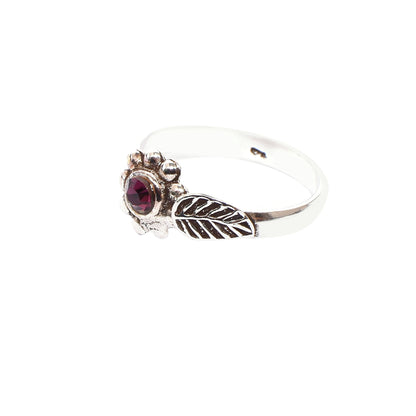 Silver Toe Ring Set – Floral Motif with Ruby Pink Gemstone