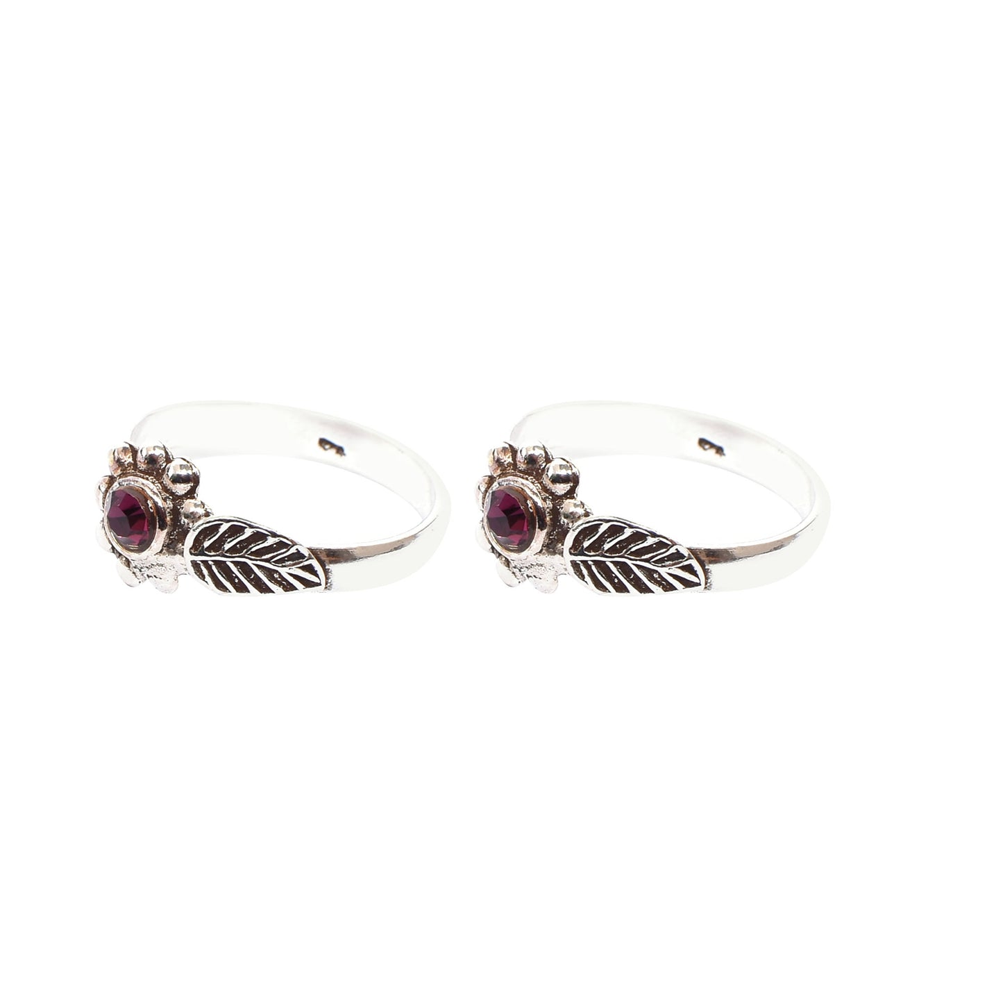 Silver Toe Ring Set – Floral Motif with Ruby Pink Gemstone