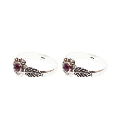 Silver Toe Ring Set – Floral Motif with Ruby Pink Gemstone