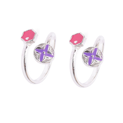 Silver Toe Ring Set – Floral & Geometric Enamel Accents