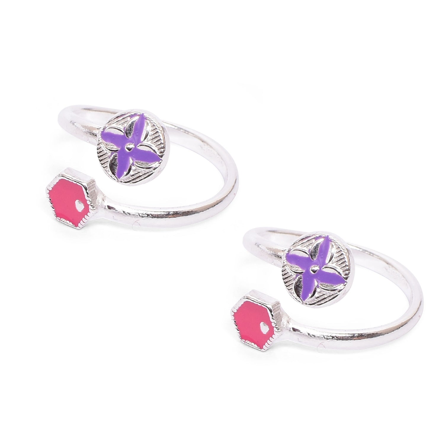 Silver Toe Ring Set – Floral & Geometric Enamel Accents