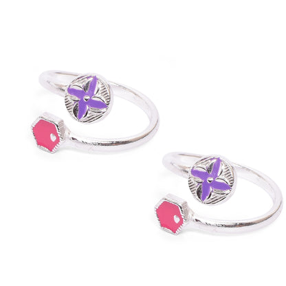 Silver Toe Ring Set – Floral & Geometric Enamel Accents