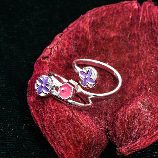 Silver Toe Ring Set – Floral & Geometric Enamel Accents