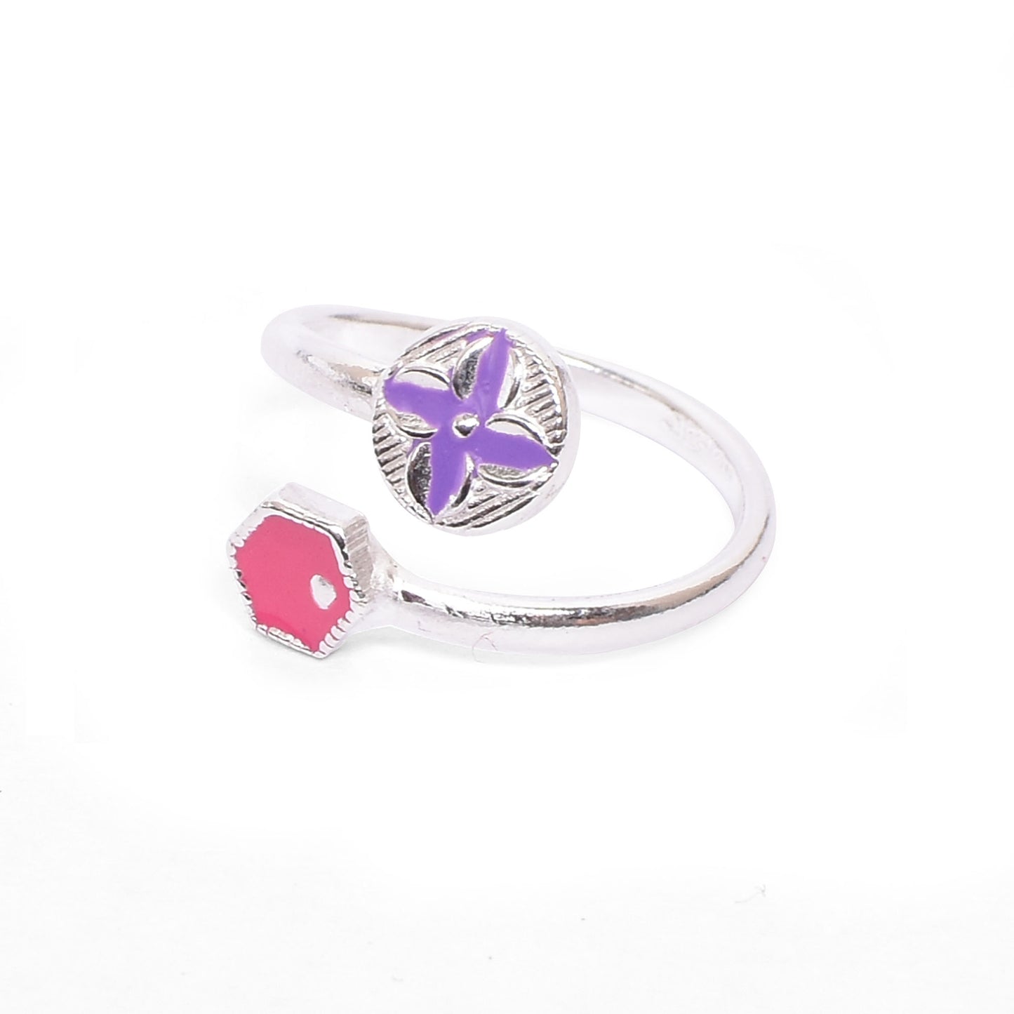 Silver Toe Ring Set – Floral & Geometric Enamel Accents