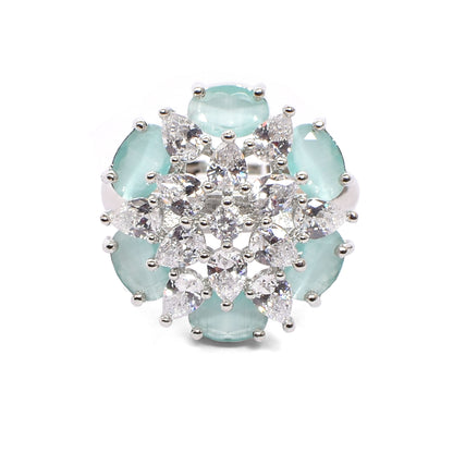 Women’s Silver Ring – Turquoise Blue Gemstone Flower with White Marquise Inner Bloom (Adjustable Size 13 & Above)