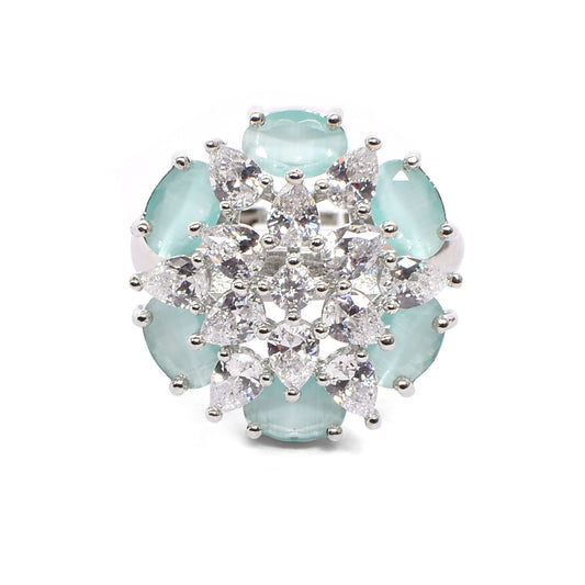 Women’s Silver Ring – Turquoise Blue Gemstone Flower with White Marquise Inner Bloom (Adjustable Size 13 & Above)