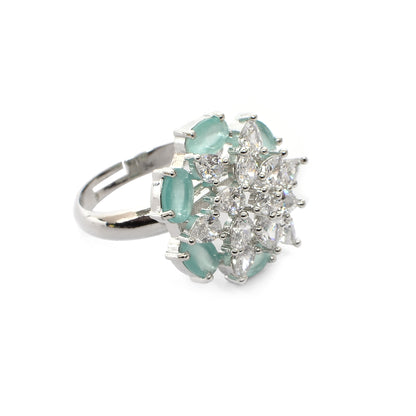 Women’s Silver Ring – Turquoise Blue Gemstone Flower with White Marquise Inner Bloom (Adjustable Size 13 & Above)