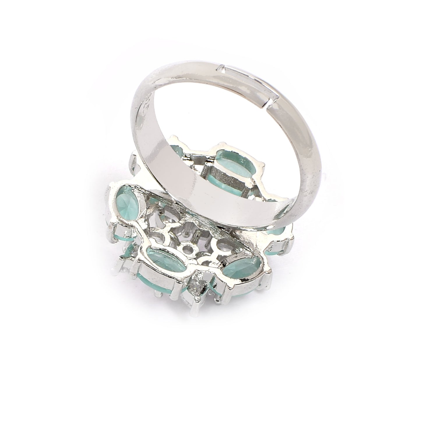 Women’s Silver Ring – Turquoise Blue Gemstone Flower with White Marquise Inner Bloom (Adjustable Size 13 & Above)