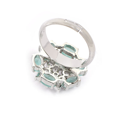 Women’s Silver Ring – Turquoise Blue Gemstone Flower with White Marquise Inner Bloom (Adjustable Size 13 & Above)