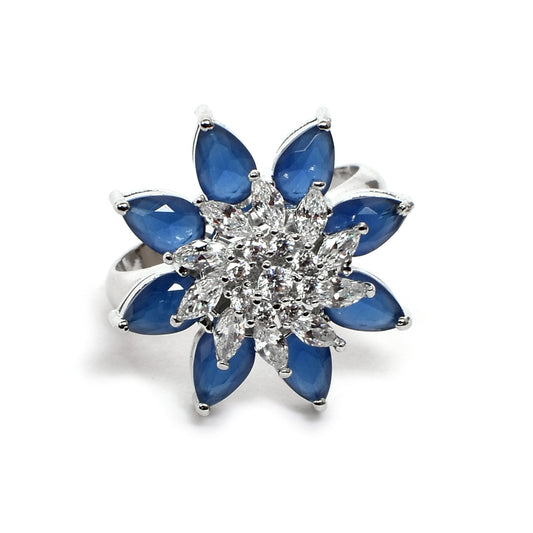 Women’s Silver Ring – Marquise Blue & White Gemstone Floral Cocktail Design (Adjustable Size 13 & Above)