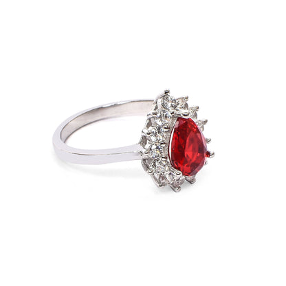 Women’s Silver Ring – Pear-Shaped Red Gemstone with Floral Halo (Size 10)