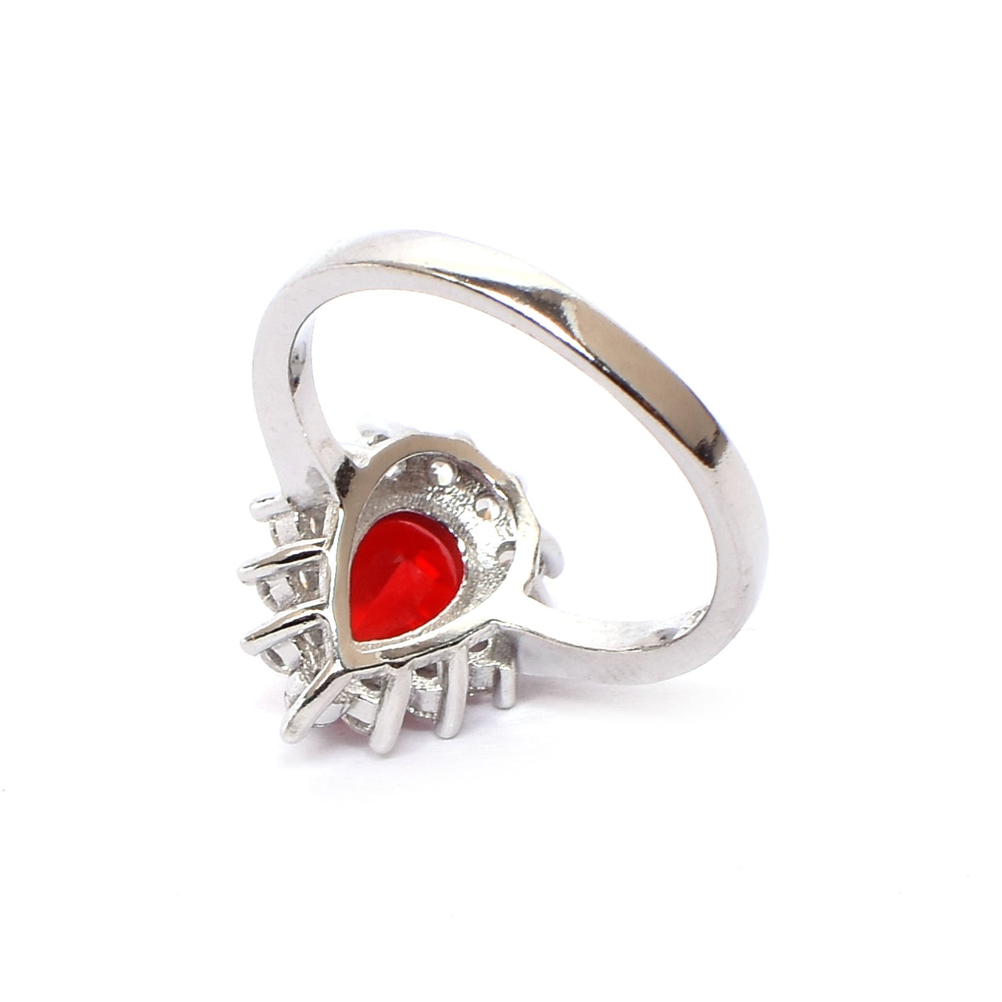 Women’s Silver Ring – Pear-Shaped Red Gemstone with Floral Halo (Size 10)