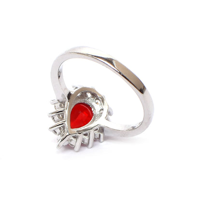 Women’s Silver Ring – Pear-Shaped Red Gemstone with Floral Halo (Size 10)