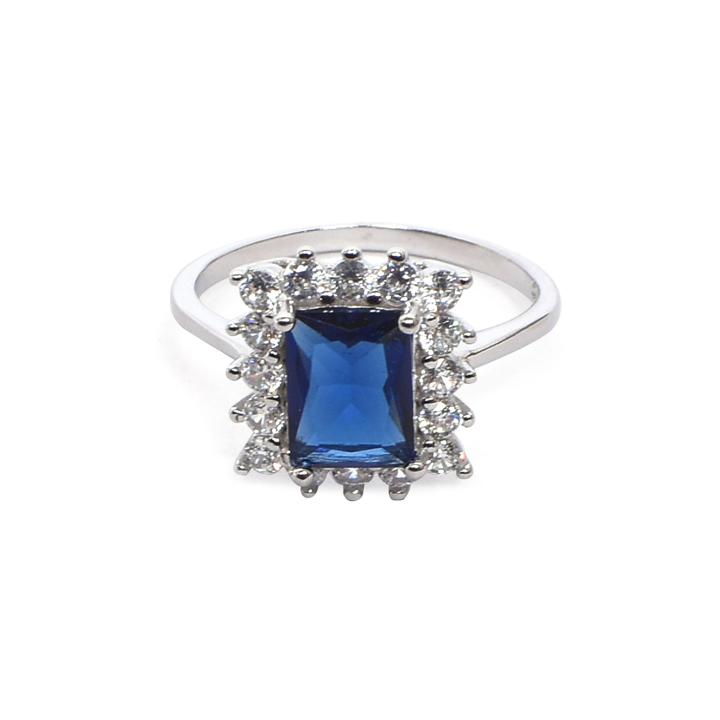 Women’s Silver Ring – Rectangular Blue Gemstone with Halo (Size 13)