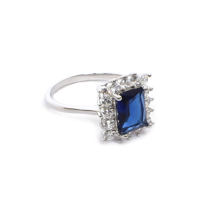 Women’s Silver Ring – Rectangular Blue Gemstone with Halo (Size 13)