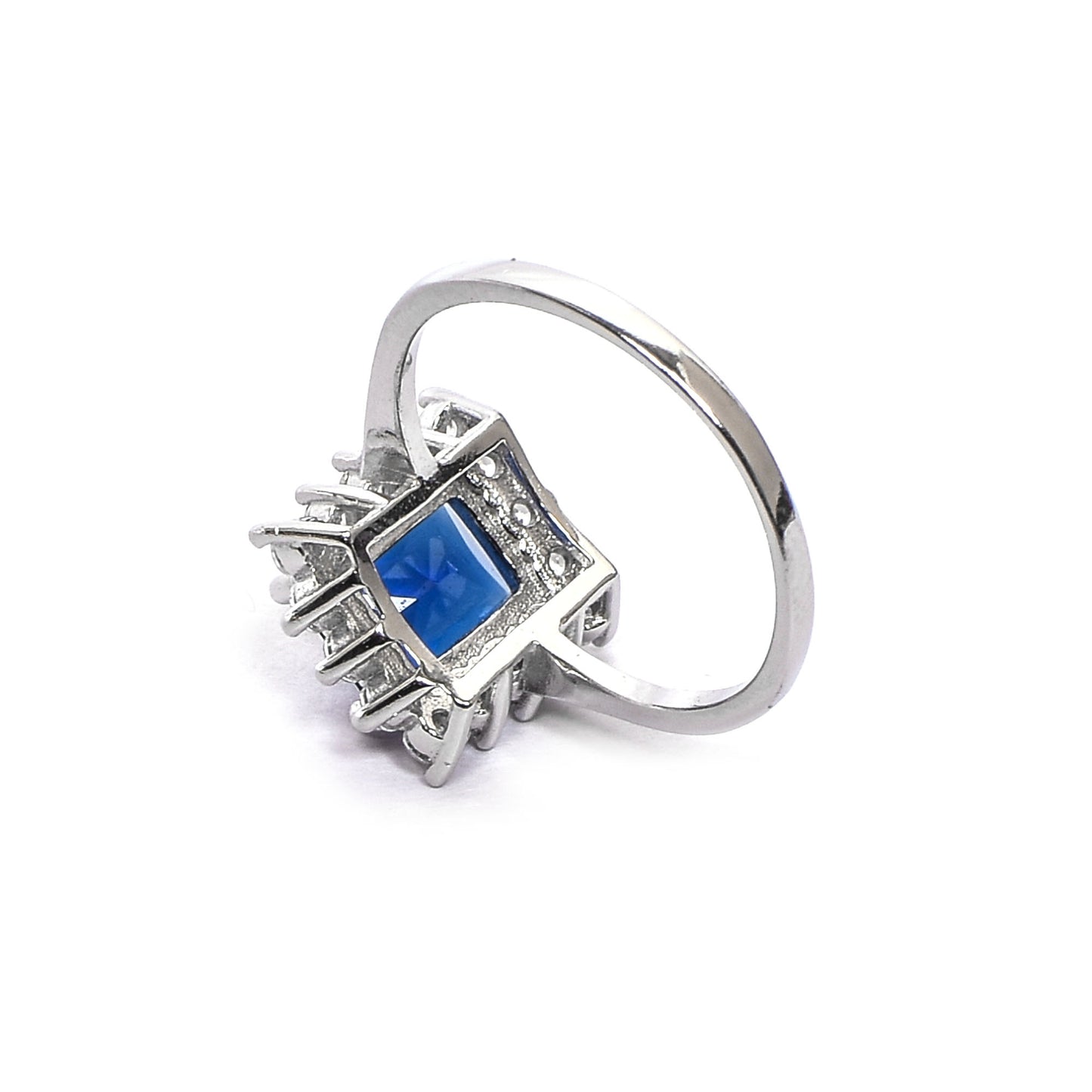 Women’s Silver Ring – Rectangular Blue Gemstone with Halo (Size 13)