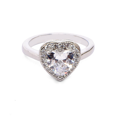 Women’s Silver Ring – Heart-Shaped Solitaire with Halo (Size 9)