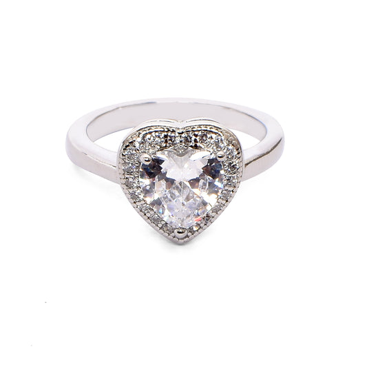 Women’s Silver Ring – Heart-Shaped Solitaire with Halo (Size 9)