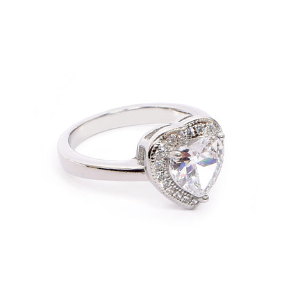 Women’s Silver Ring – Heart-Shaped Solitaire with Halo (Size 9)