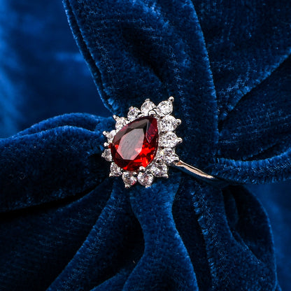 Women’s Silver Ring – Pear-Shaped Red Gemstone with Floral Halo (Size 10)