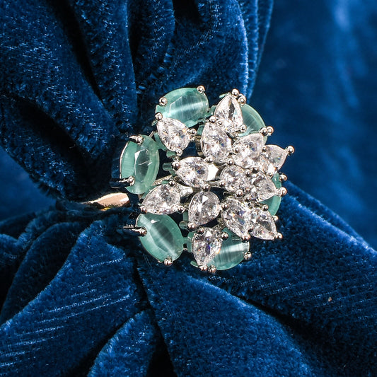 Women’s Silver Ring – Turquoise Blue Gemstone Flower with White Marquise Inner Bloom (Adjustable Size 13 & Above)