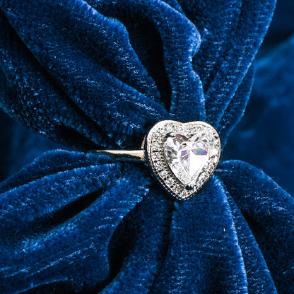 Women’s Silver Ring – Heart-Shaped Solitaire with Halo (Size 9)