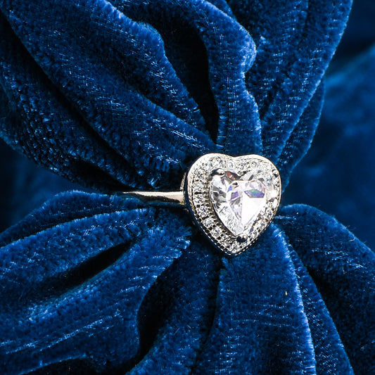 Women’s Silver Ring – Heart-Shaped Solitaire with Halo (Size 9)