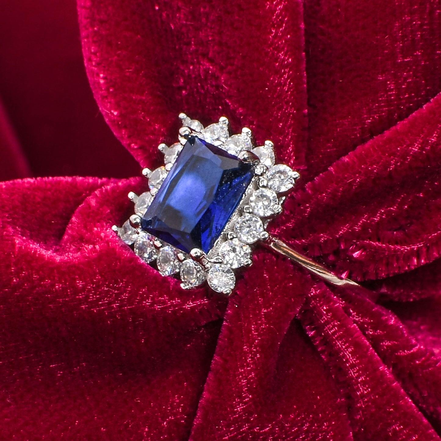 Women’s Silver Ring – Rectangular Blue Gemstone with Halo (Size 13)