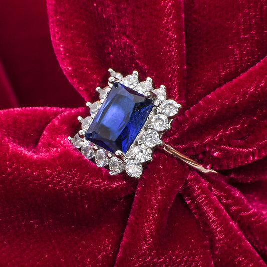 Women’s Silver Ring – Rectangular Blue Gemstone with Halo (Size 13)