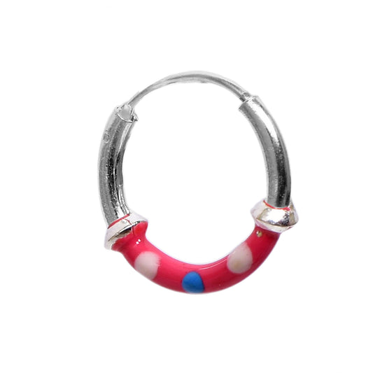Kids Silver Earrings – Pink Hoop with White & Blue Dots (1.3 cm)