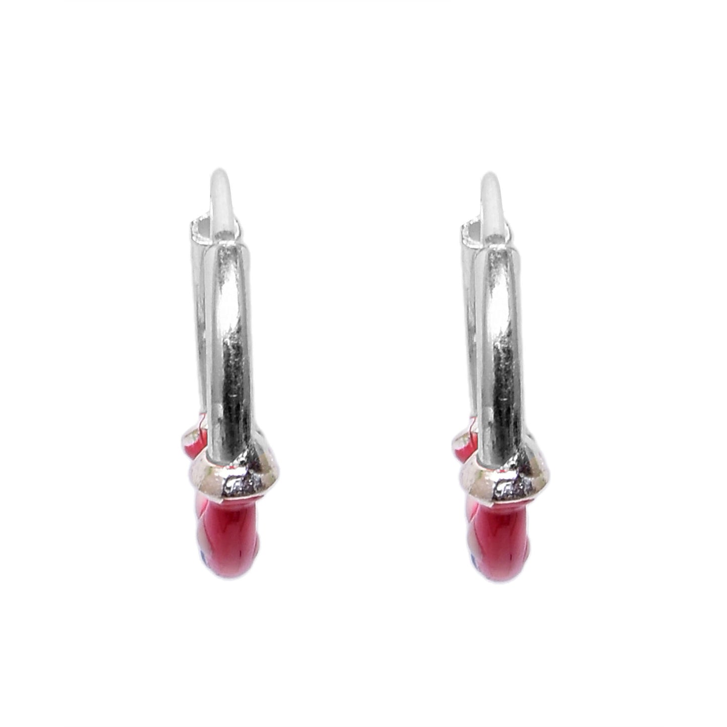 Kids Silver Earrings – Pink Hoop with White & Blue Dots (1.3 cm)