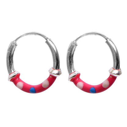 Kids Silver Earrings – Pink Hoop with White & Blue Dots (1.3 cm)