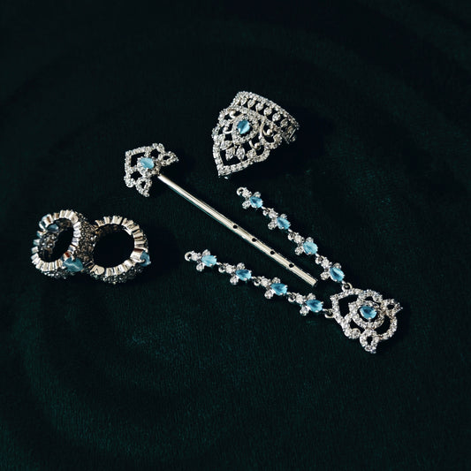 Sterling Silver Krishna Accessories Set – Bansuri, Mala, Mukut & Kade (Turquoise Gemstones)