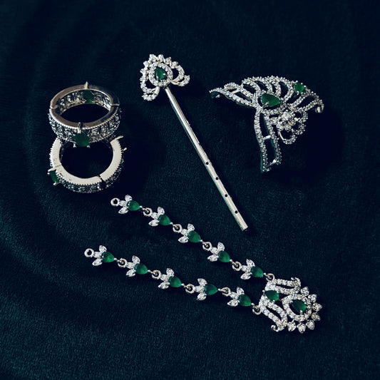 Sterling Silver Krishna Accessories Set – Bansuri, Mala, Mukut & Kada (Green Gemstones)