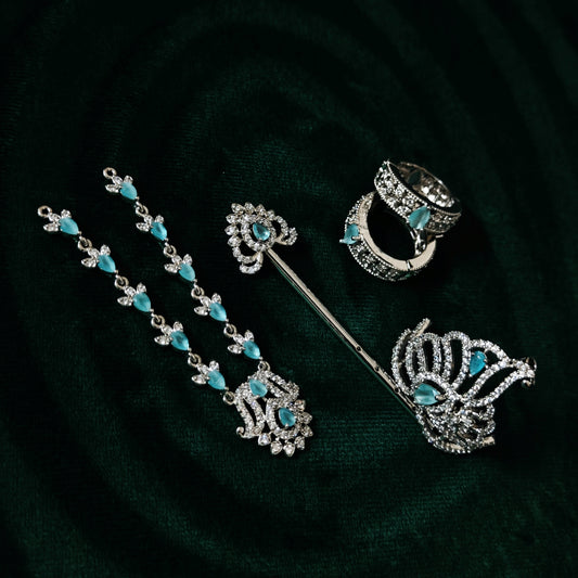 Sterling Silver Krishna Accessories Set – Bansuri, Mala, Mukut & Kada (Turquoise Gemstones)