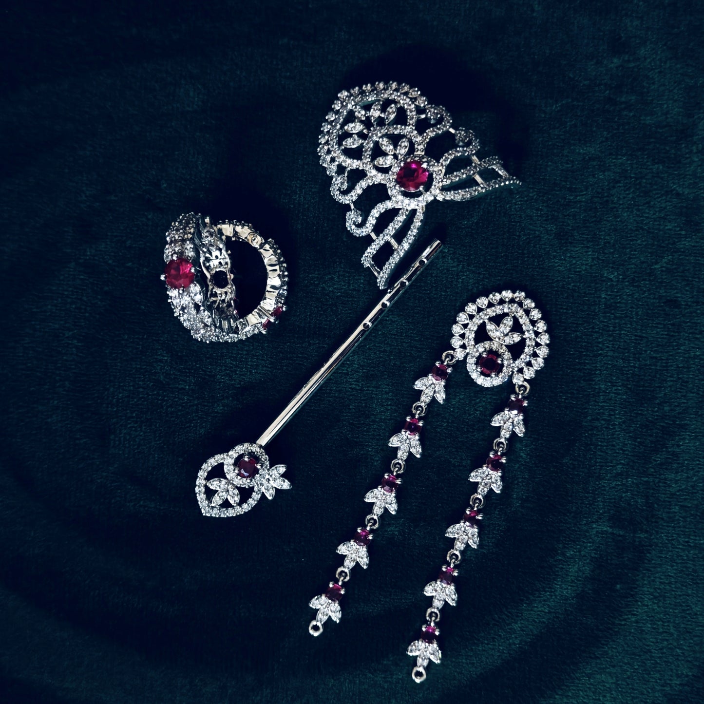 Sterling Silver Krishna Accessories Set – Bansuri, Mala, Mukut & Kada (Red Gemstones)