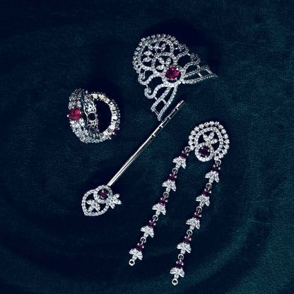 Sterling Silver Krishna Accessories Set – Bansuri, Mala, Mukut & Kada (Red Gemstones)