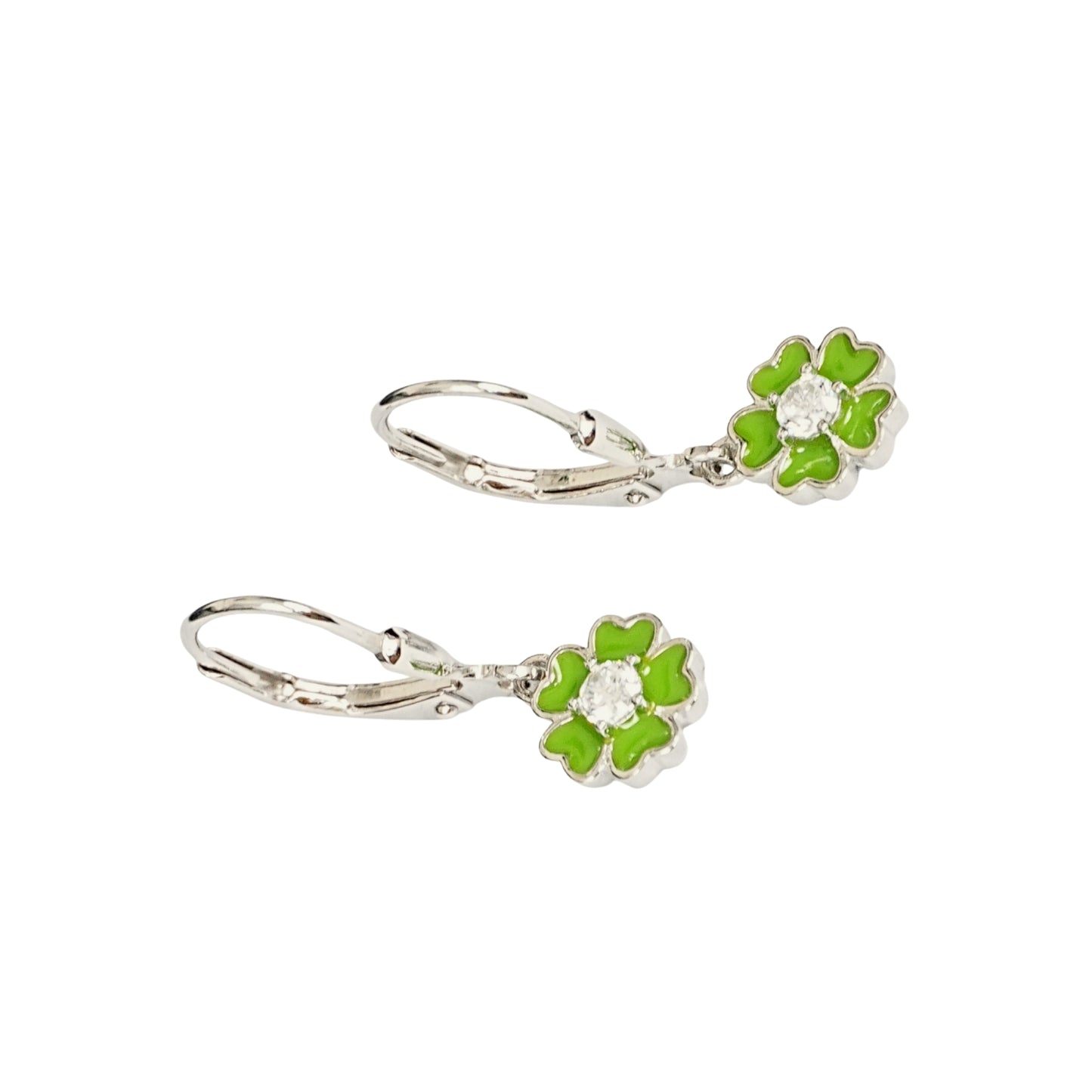Sterling Silver Kids Earrings – Green Clover Charm with CZ