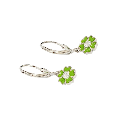 Sterling Silver Kids Earrings – Green Clover Charm with CZ