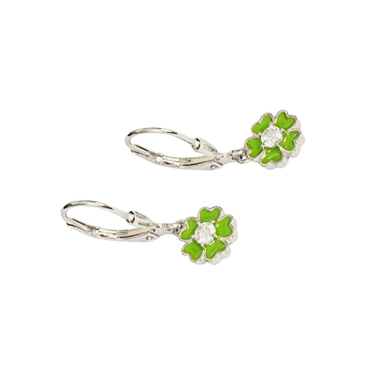 Sterling Silver Kids Earrings – Green Clover Charm with CZ