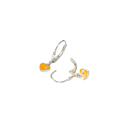 Sterling Silver Kids Earrings – Orange Heart Charm with CZ